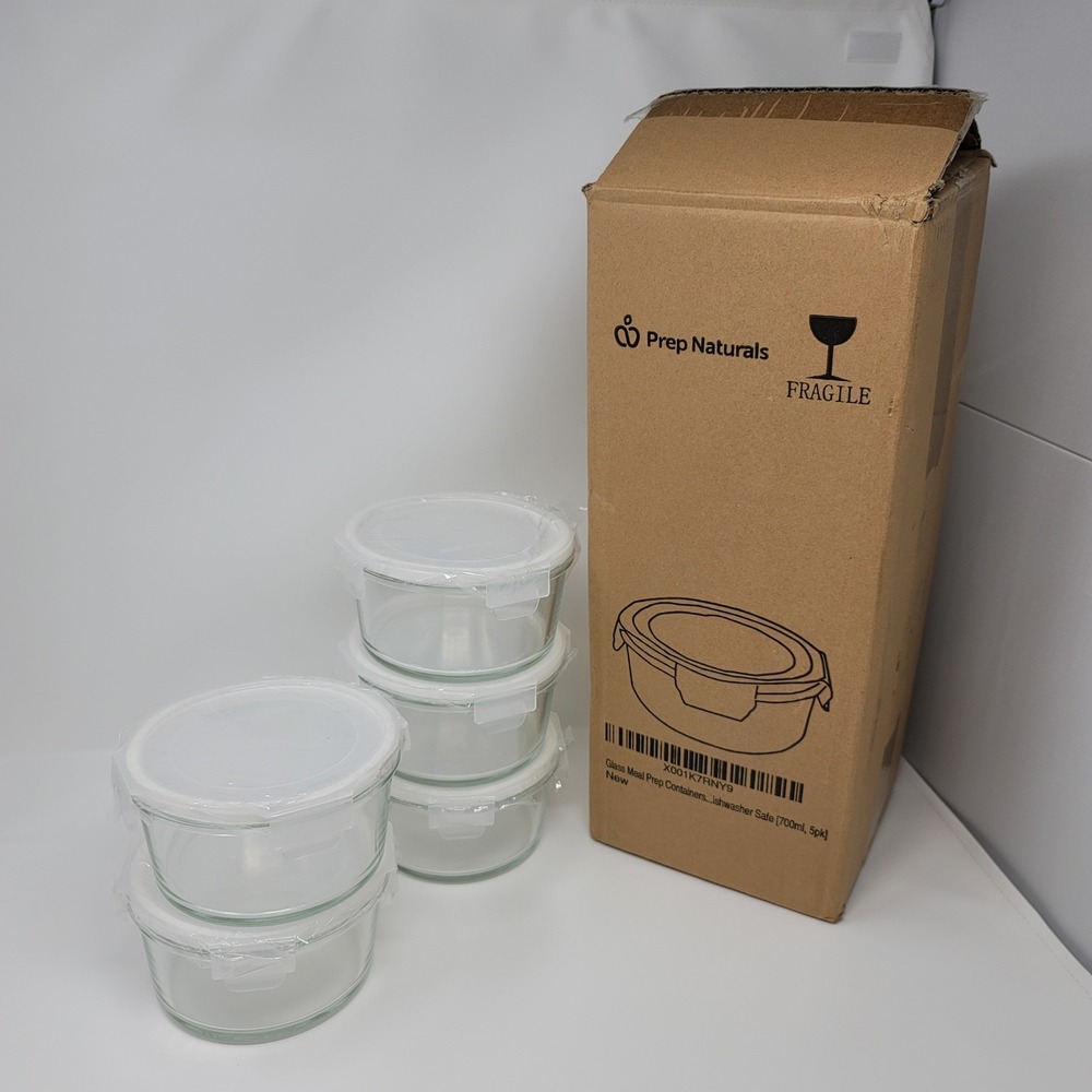 Prep Naturals Glass Meal Prep Containers Round‎ Lids Dishwasher Safe 5 Pack